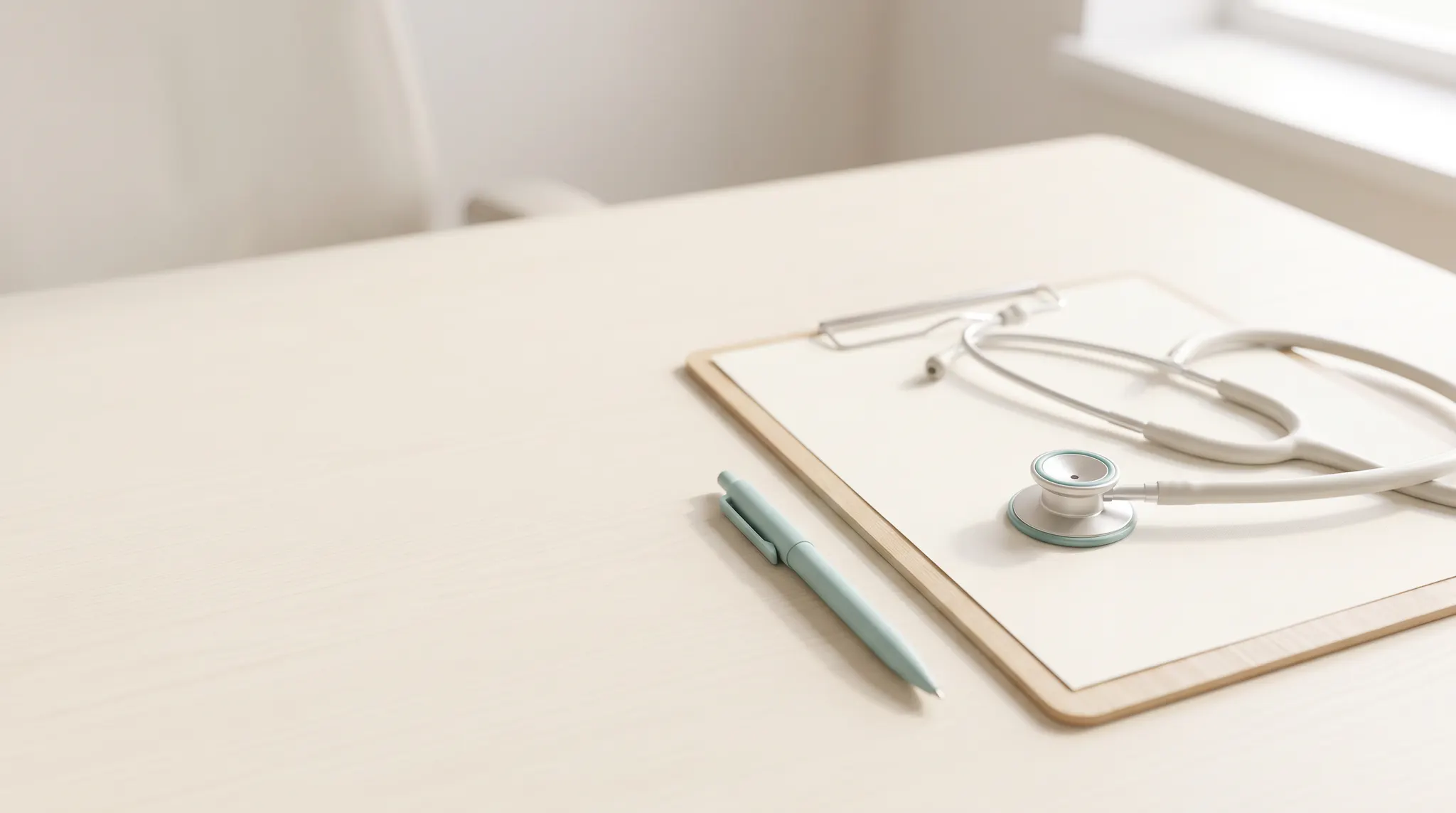 A stethoscope resting on a blank clinical clipboard