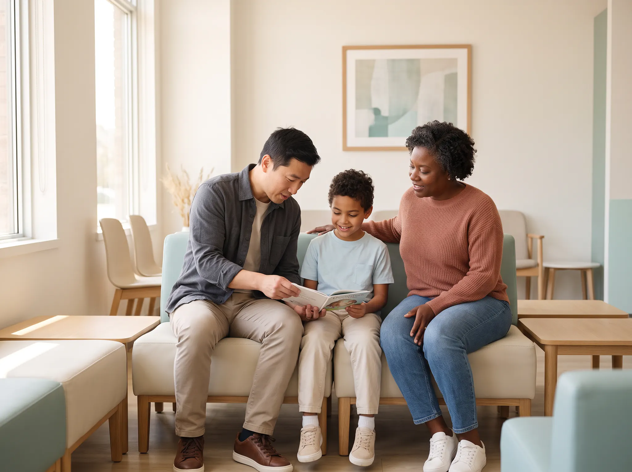 A family spending time together in a bright clinic waiting room