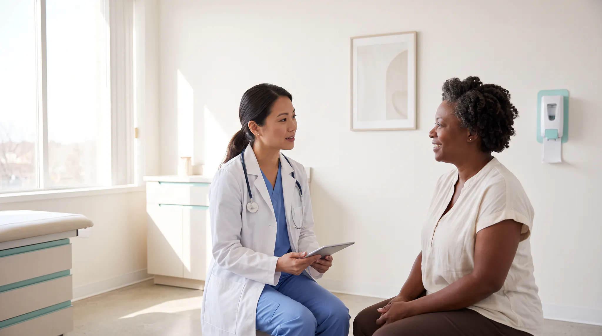 A physician speaking with a patient in a bright clinic room
